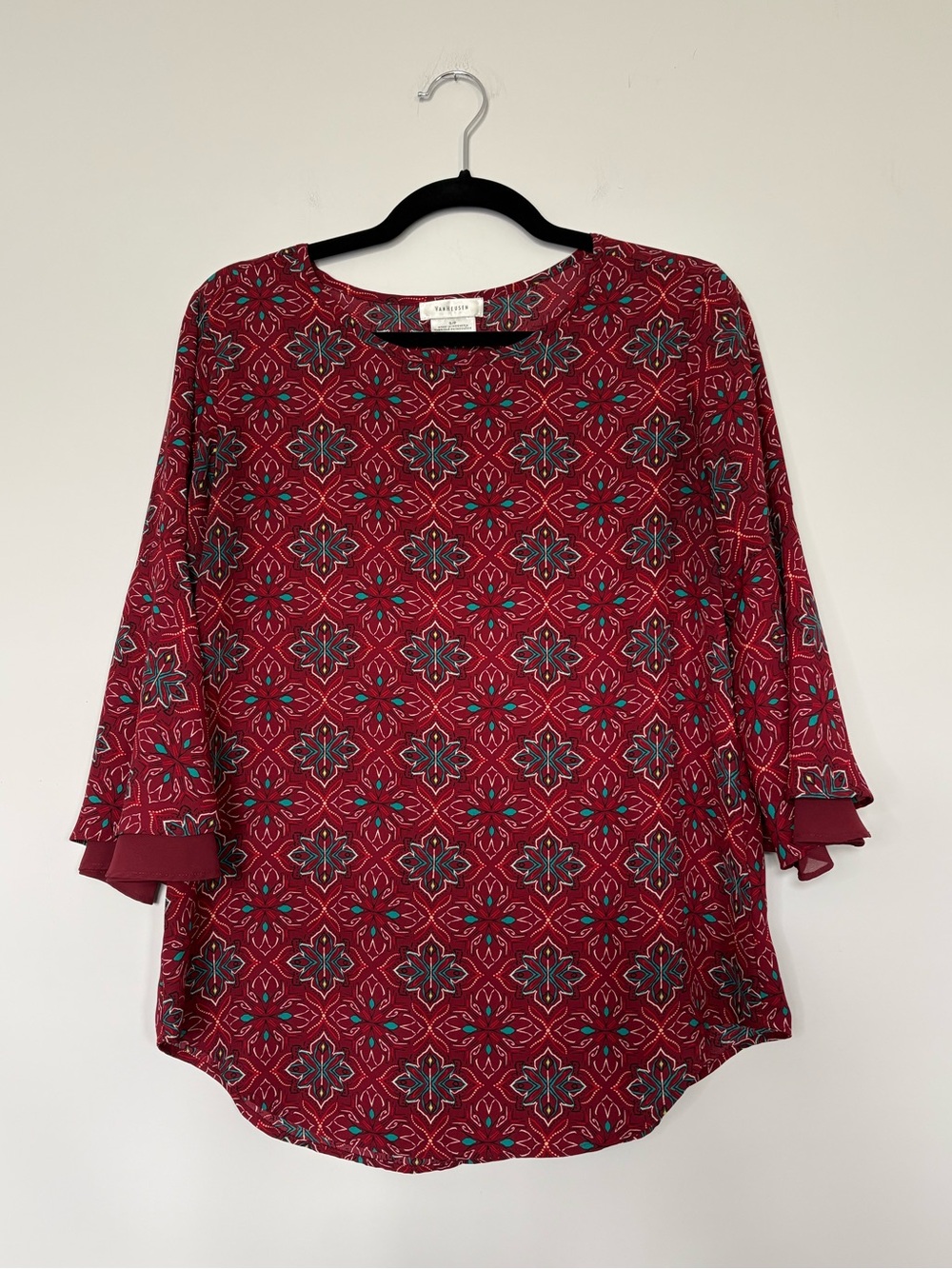 Van Heusen Burgundy Geometric Print 3/4 Bell Sleeve Blouse Size S Office Career